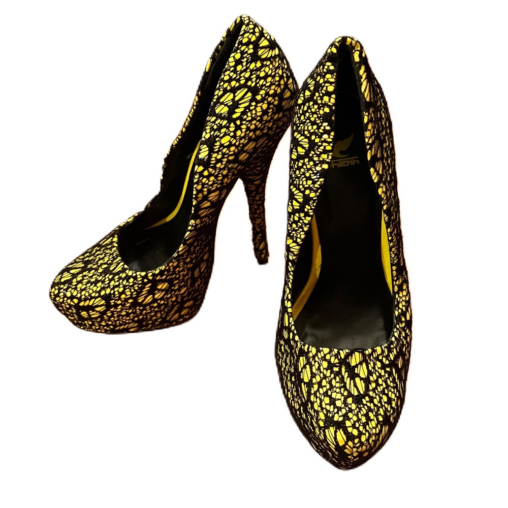 SHIEKH Black and Bright Yellow Heels